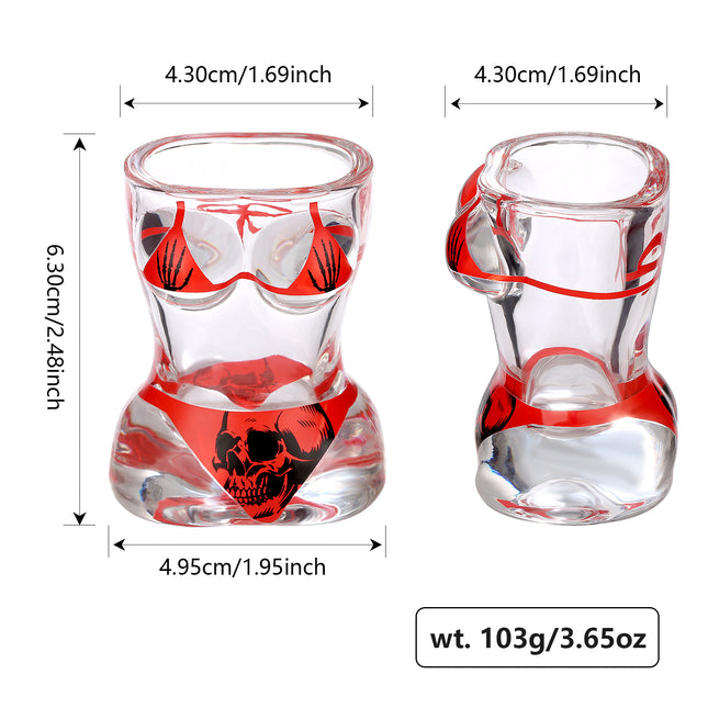Creative 3D Body Shape Shot Glasses – 2pcs Set: Black Muscle Man & Red Bikini Skull Style – Unique Barware Gift for Parties & Halloween