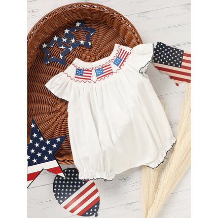 Baby Girl 4th of July Smocked Bubble Romper – American Flag Embroidery Fly Sleeve Bodysuit – Patriotic Summer Outfit