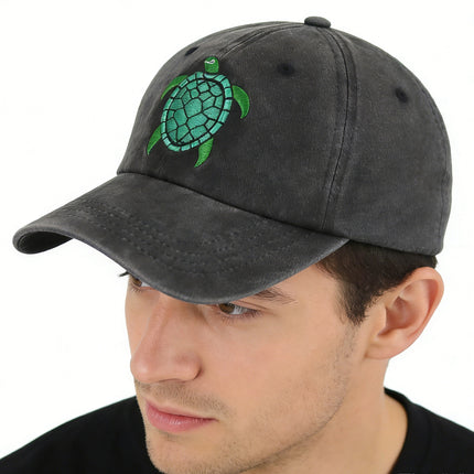 Embroidered Sea Turtle Washed Denim Dad Hat – Adjustable Cotton Baseball Cap for Outdoor Adventures & Daily Wear