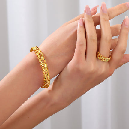 18K Gold Plated Wheat Ear Leaf Jewelry Set – Adjustable Open Bangle & Ring Duo – Nature-Inspired Boho Accessories – Tarnish-Free Daily Wear