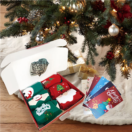 6-Pair Premium Christmas Socks Gift Box – Luxury Winter Warm Stockings with 6 Holiday Greeting Cards – Perfect Xmas Present for Her & Him