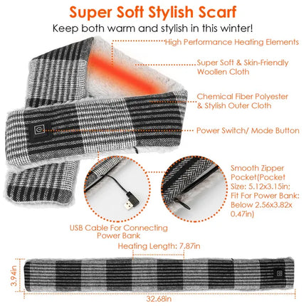 Electric Heated Scarf with USB Heating – Smart Neck Warm Wrap for Winter – 3 Temperature Levels – Unisex Heated Shawl Gift for Men & Women