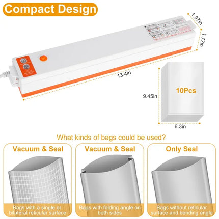 ProFresh™ Electric Vacuum Sealer – One-Touch Food Saver – 10PCS Vacuum Bags Included – Moisture-Proof Storage for Meat & Vegetables