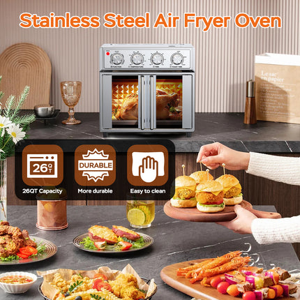 XXL 28L French Door Air Fryer Oven – Silver Stainless Steel Finish – 1700W High Power – Fits 12" Pizza & Whole Chicken