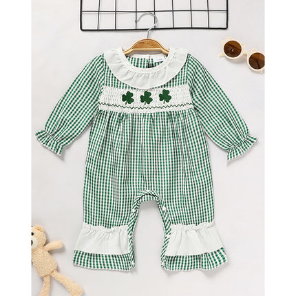 St. Patrick’s Day Baby Girl Romper – Green Plaid & Four-Leaf Clover Print Bodysuit – Long Sleeve Lucky Charm Outfit