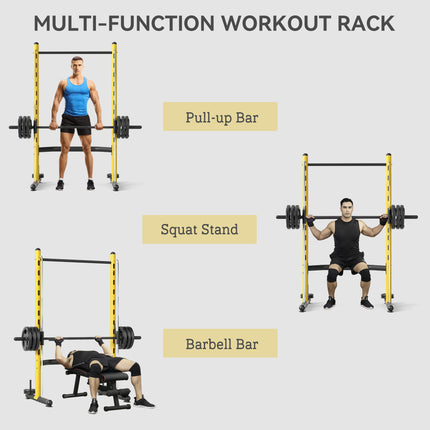 Pro-Series Adjustable Half Squat Rack – Yellow/Black Heavy-Duty Power Stand with Pull-Up Bar – Multi-Function Bench Press Station