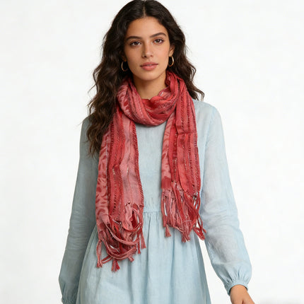 Pink Leopard Print Boho Scarf with Metallic Threads – Soft Viscose Lightweight Wrap for Women's Casual & Evening Outfits