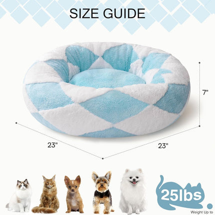 Mewoofun Donut Cat Bed – 23-Inch Calming Round Pet Bed – Blue Check Jacquard Shaggy Plush Bed for Indoor Cats & Small Dogs
