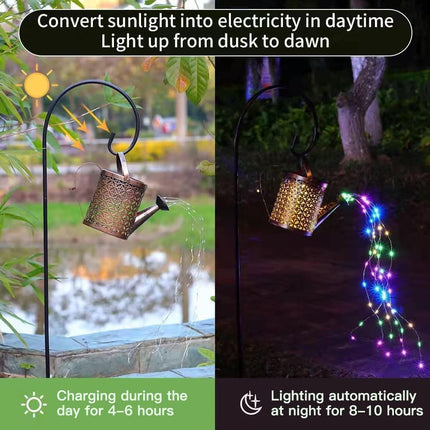 Solar Watering Can Lights with Cascading Fairy Lights – Waterproof Decorative Metal Garden Art – Outdoor Hanging Star Shower Lights for Yard, Patio & Pathway