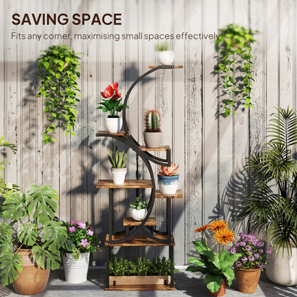 62" Tall S-Shaped Plant Stand – 8-Tier Wood Plant Shelf with Carbonized Finish – Unique Corner Display Rack for Multiple Plants