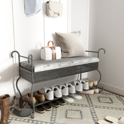 Industrial Shoe Rack Bench with Padded Seat – Rustic Entryway Bench for Small Spaces – Upholstered Shoe Storage Organizer with Metal Shelves