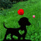 Black dog silhouette memorial garden stake with heart cutout and red rose