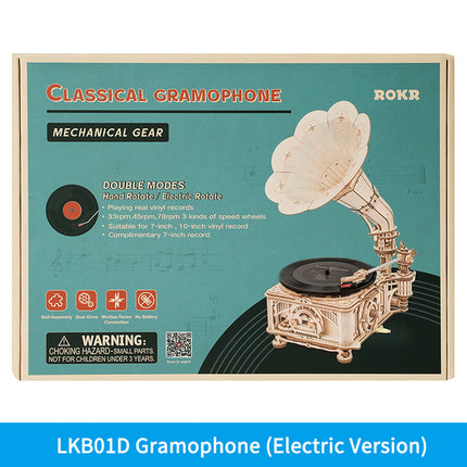 Robotime ROKR DIY Hand-Crank Gramophone – 3D Wooden Puzzle That Actually Plays Music – LKB01 Classic Phonograph Model Kit