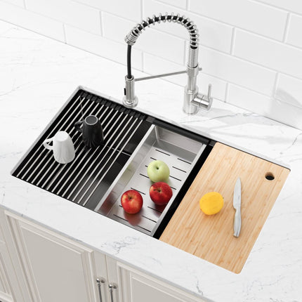 30-Inch Black Stainless Steel Workstation Sink – Handmade Undermount Single Bowl Kitchen Sink with Cutting Board & Colander