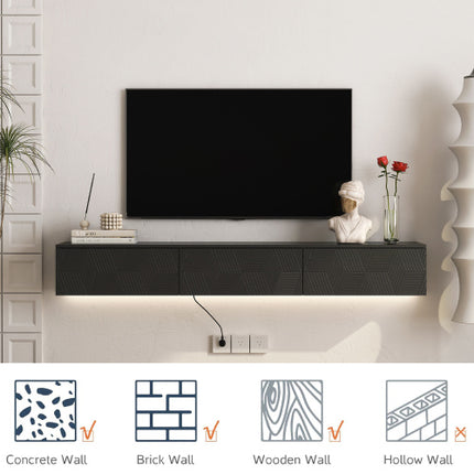 RGB LED Floating TV Cabinet in Glossy Black – Wall Hanging Gaming Media Stand – Modern Minimalist Entertainment Unit with Remote Control