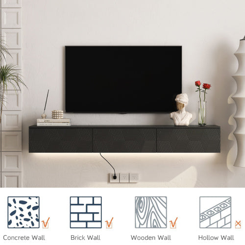 RGB LED Floating TV Cabinet in Glossy Black – Wall Hanging Gaming Media Stand – Modern Minimalist Entertainment Unit with Remote Control