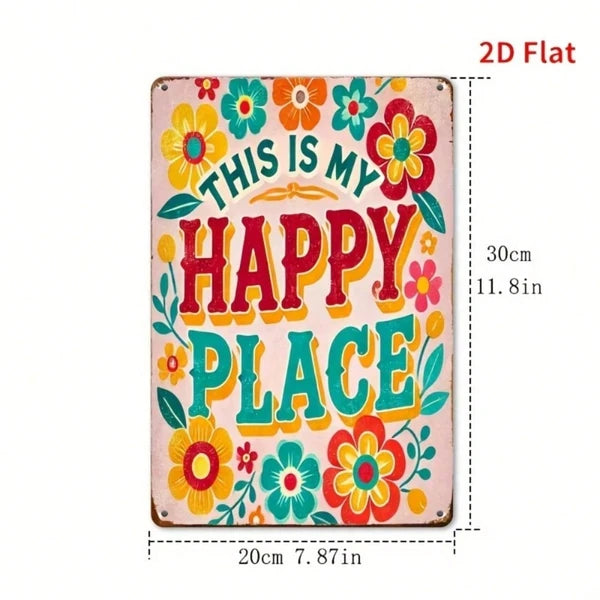 Colorful Floral Metal Welcome Sign – Vibrant Happy Place Iron Wall Decor for Entryways, Gardens & Cozy Living Spaces