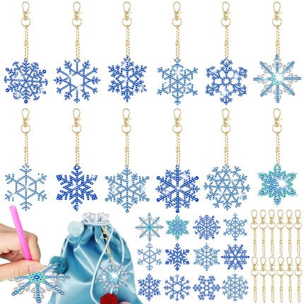 12 Packs Snowflake Diamond Painting Keychain Kits – DIY Sparkling Rhinestone Arts & Crafts – Winter Theme Keyring Making Set for Kids & Adults