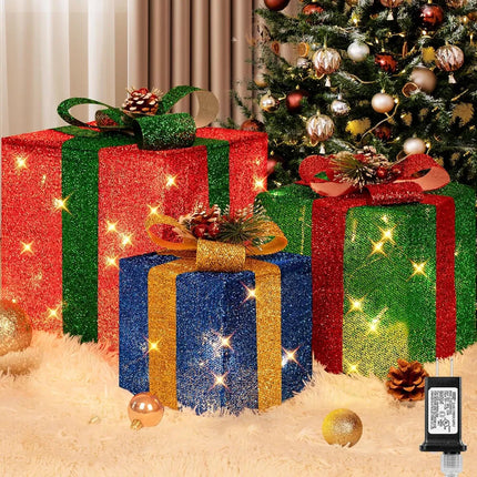 Pre-Lit Christmas Gift Box Decorations – 3-Piece Glittery Outdoor Present Set with 70 Warm White LEDs for Holiday Yard & Porch Decor