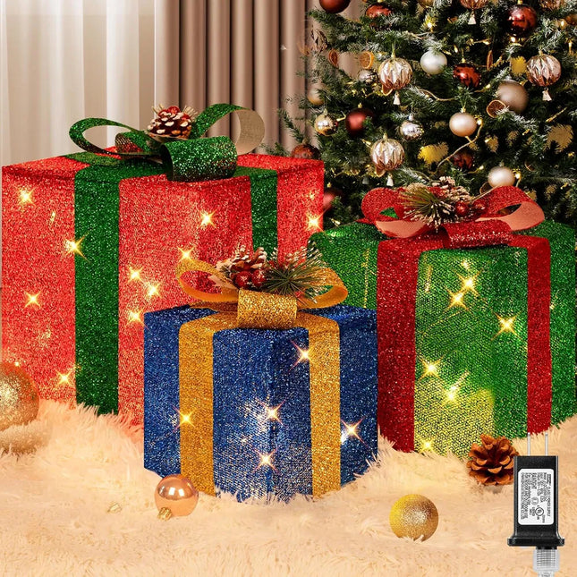 Pre-Lit Christmas Gift Box Decorations – 3-Piece Glittery Outdoor Present Set with 70 Warm White LEDs for Holiday Yard & Porch Decor