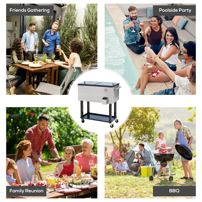 80 QT Rolling Outdoor Cooler Cart – Portable Ice Chest on Wheels – Insulated Drink Bin with Bottle Opener & Storage Shelf – Silver
