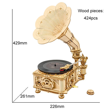 Robotime ROKR DIY Hand-Crank Gramophone – 3D Wooden Puzzle That Actually Plays Music – LKB01 Classic Phonograph Model Kit