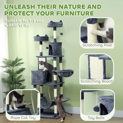 81" Giant Cat Tree Tower – Multi-Level Cat Condo with Scratching Posts & Board – Luxury Cat Furniture with Hammocks, Beds, and Toy Balls (Grey)