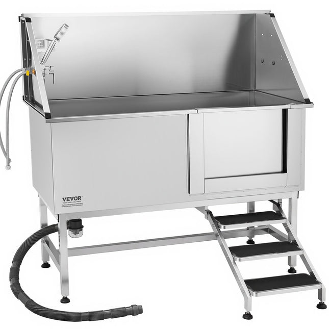 62-Inch Professional Dog Grooming Bath Tub – Heavy Duty Stainless Steel Pet Wash Station – Includes Walk-In Stairs & Water Filtration System