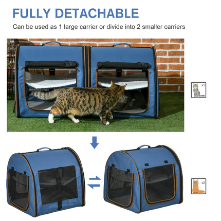 39" Portable Double Cat Carrier – Extra Large Two-Compartment Travel Crate with Divider – Foldable Soft-Sided Dog Kennel with Plush Cushions (Blue)