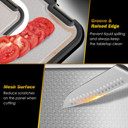 ProPrep™ Multi-Functional Chopping Board – Antibacterial Stainless Steel Surface with Knife Sharpener Handle