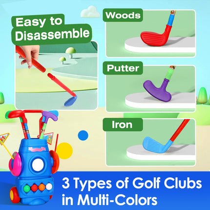 Kids Golf Club Set with Wheeled Golf Cart – Indoor & Outdoor Toddler Golf Game – Includes 4 Clubs, 4 Balls, 2 Holes & Flags – Sports Toy for Kids Ages 3-5