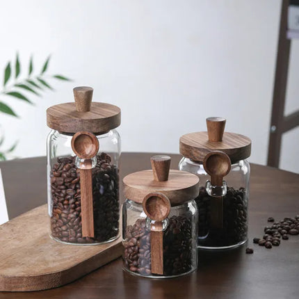 Clear Glass Food Storage Jars (3 Pack) – Built-in Serving Spoons & Natural Bamboo Lids – Perfect for Sugar, Tea & Seasoning