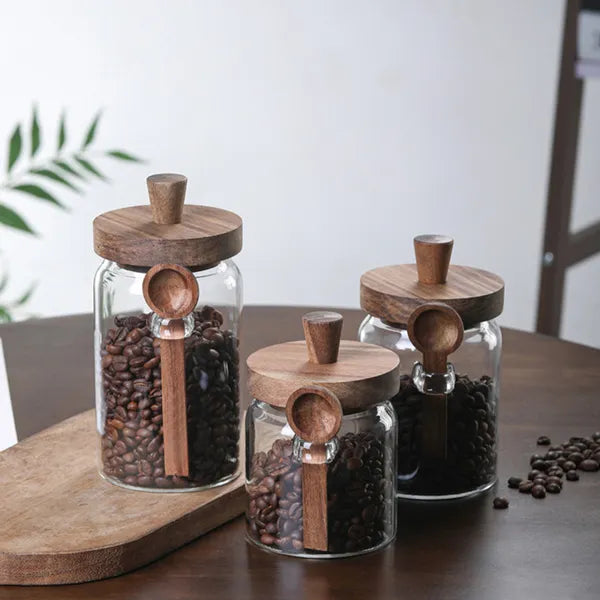 Clear Glass Food Storage Jars (3 Pack) – Built-in Serving Spoons & Natural Bamboo Lids – Perfect for Sugar, Tea & Seasoning