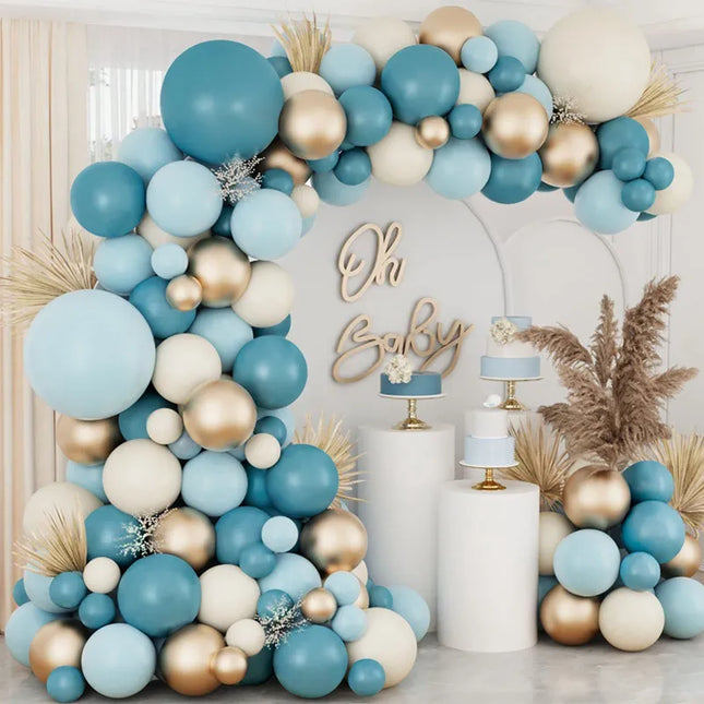 138pcs Dusty Blue Balloon Arch Kit – Dusty Baby Blue, Sand White & Metallic Gold Balloons – Luxury Garland Set for Baby Shower, Wedding & Gender Reveal