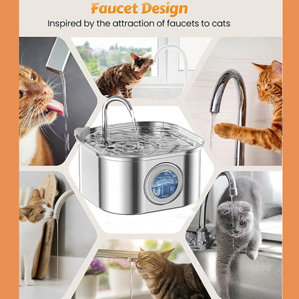 3.2L Stainless Steel Cat Water Fountain – 108oz Automatic Dog Water Dispenser with Water Level Window – Ultra-Quiet Filtered Drinking Fountain