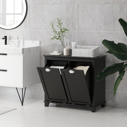 Double Tilt-Out Laundry Hamper Cabinet – 2-Compartment Wooden Laundry Organizer – Black Bathroom Storage Cabinet with Dual Removable Baskets
