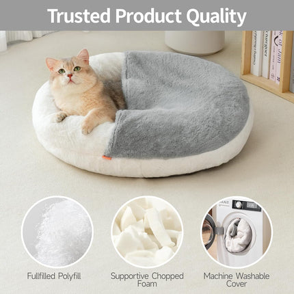 MewooFun Enclosed Cat Bed Cave – 22" Large Hooded Pet Bed with Built-in Blanket – Washable Anti-Anxiety Nest for Cats and Small Dogs (White)