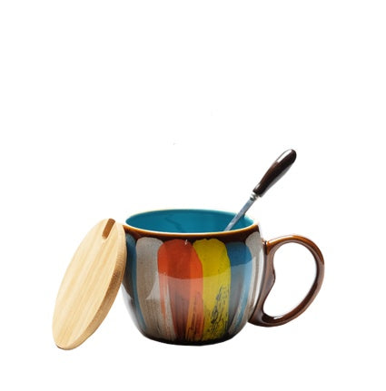 Creative Ceramic Coffee Mug Set – Modern Nordic Design with Matching Lid and Gold Stirring Spoon