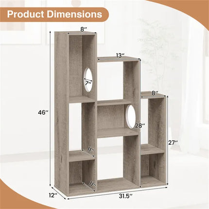 Multi-Level Cat Tree Bookshelf Cabinet – Gray Oak Wooden Pet Condo with 8 Storage Shelves for Living Room