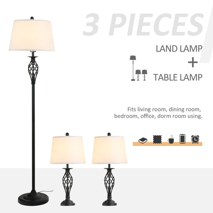 3-Piece Matching Lamp Set – 1 Floor Lamp and 2 Table Lamps – Classic Living Room & Bedroom Lighting Bundle with Fabric Shades