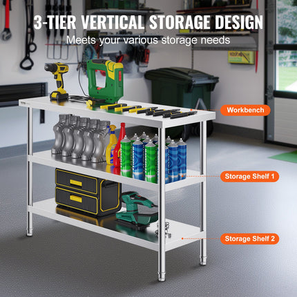 Silver kitchen prep worktable with adjustable undershelf storage