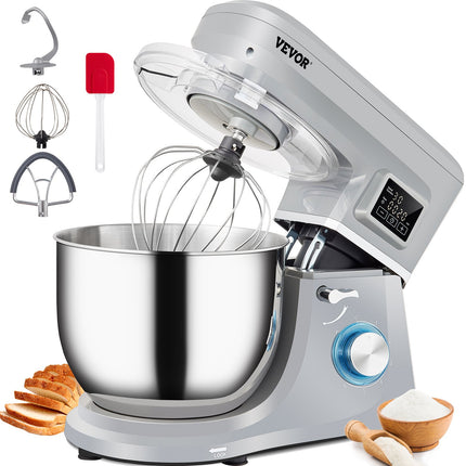 Professional Dough Mixer Machine – 7.4 Quart High Capacity Stand Mixer – 6-Speeds & LCD Timing Control – Includes Dough Hook, Whisk & Beater