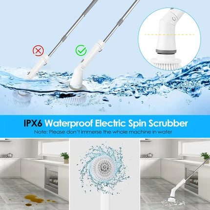 360 Power Scrubber – Cordless Electric Cleaning Tool with Long Handle – 6 Versatile Brush Heads for Kitchen, Window, and Car