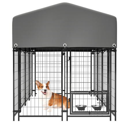 Heavy Duty Outdoor Dog Kennel with Rotating Feeder – 7.8ft Welded Wire Enclosure with UV-Resistant Waterproof Roof – Secure Double-Lock Pet House