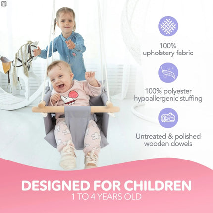 Premium Canvas & Wooden Baby Swing – Indoor/Outdoor Hanging Seat with Safety Belt – Modern Boho Infant Swing Chair – Taupe Gray