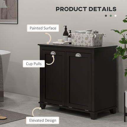 Double Tilt-Out Laundry Hamper Cabinet – 2-Compartment Wooden Laundry Organizer – Black Bathroom Storage Cabinet with Dual Removable Baskets