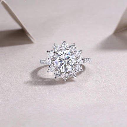 Sunflower Halo Statement Ring – 3 Carat Moissanite Brilliant Cut – S925 Sterling Silver Platinum Plated – Luxury Engagement & Promise Ring