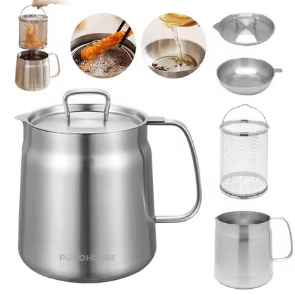 2L Stainless Steel Oil Filter Pot – Multi-Functional Oil Storage Tank with Fine Mesh Strainer – Deep Frying Basket & Grease Keeper for Kitchen