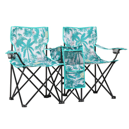 Double Folding Camping Chair Set with Removable Umbrella – 2-Seater Picnic Chair with Built-in Cooler Bag & Cup Holders – Blue