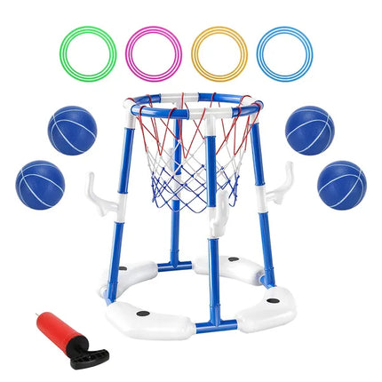 3-in-1 Floating Pool Basketball Hoop Set – Includes 4 Balls, 4 Toss Rings & Pump – Water Sport Games for Kids & Adults – Summer Pool Toy
